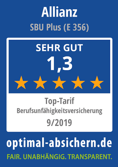 optimal-absichern.de: SEHR GUT (1,3) – Allianz SBU Plus (E 356) Top-Tarif Berufsunfähigkeitsversicherung (9/2019)